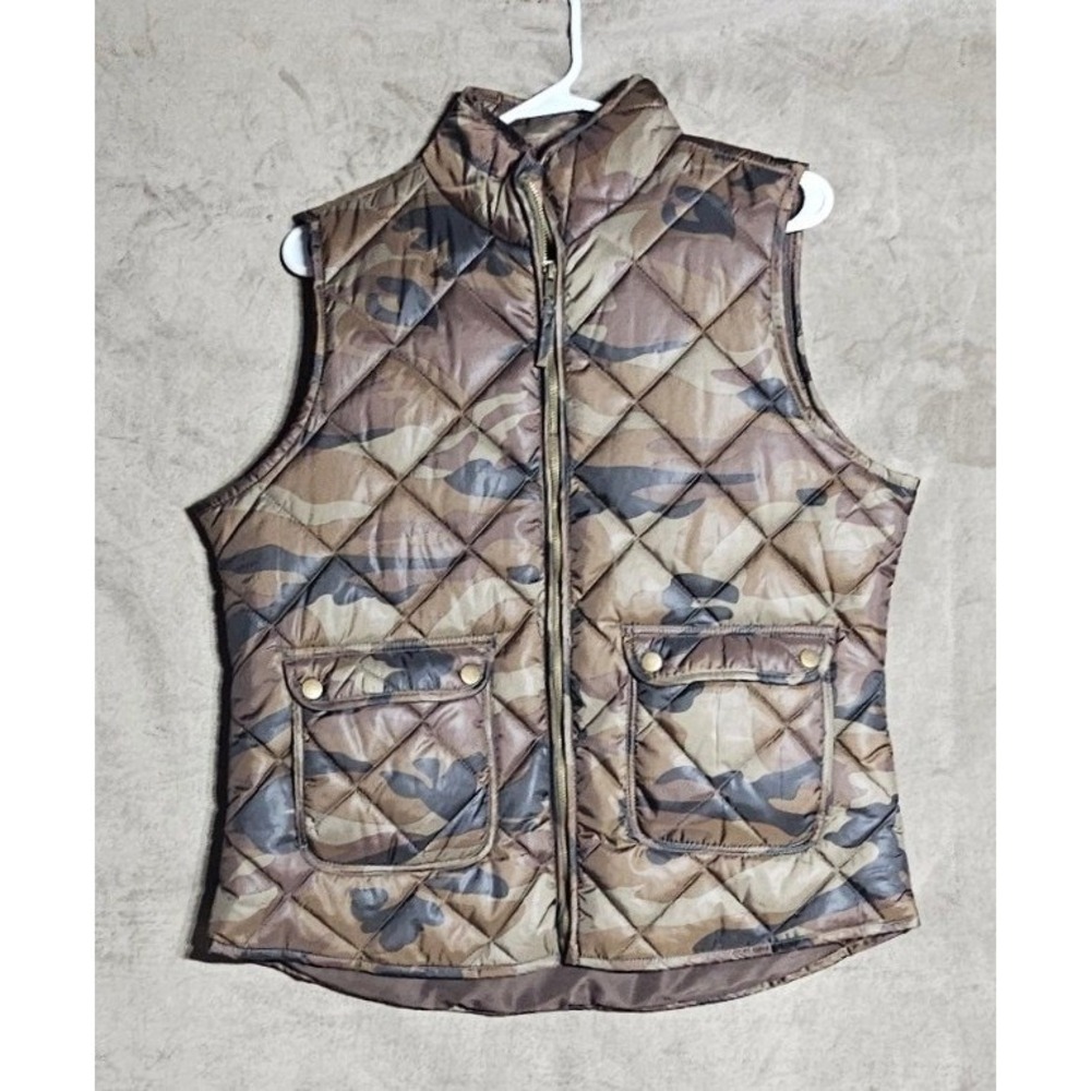 Say What Brown Camo Quilted Puffer Vest Womens Large Sleeveless Full Zip Utility